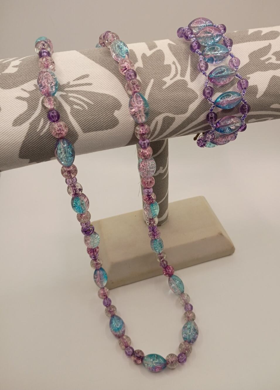 Aqua Pink & Purple Art Glass Bead Necklace & Bracelet Set